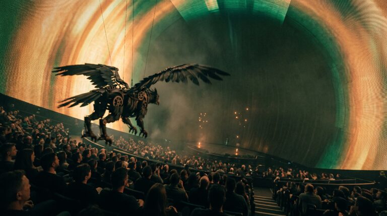 Animatronic winged creature suspended above a seated audience inside a giant LED dome auditorium, illustrating Sphere Wizard of Oz 4D effects