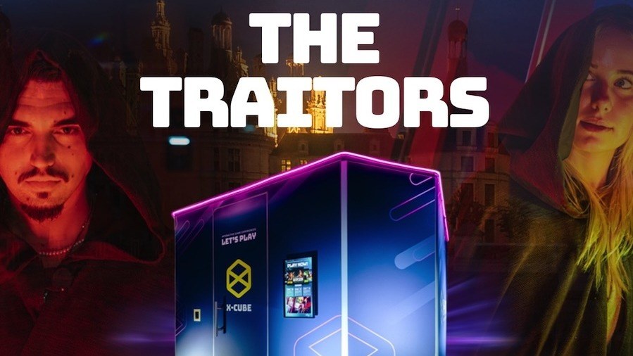 Key art for The Traitors Experience, showing an X-Cube unit and two hooded players. Image: X-Corp