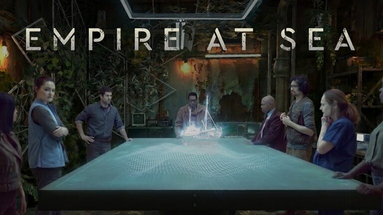Empire at Sea key art: cast members stand around a glowing LED table with a holographic boat, the Achievement Prize winner at the 2026 Venice Immersive awards. Image: Empire at Sea, via La Biennale di Venezia