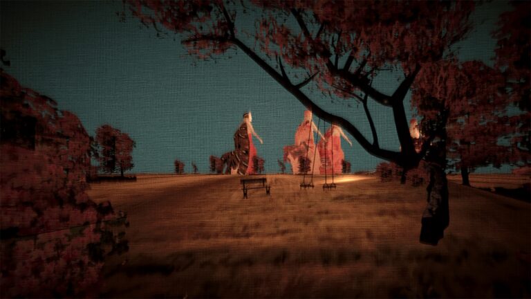 Four female figures cross a field under trees in Finding Frida, a VR documentary experience about textile artist Frida Hansen. Image: RippleX Studios, courtesy of JCPR&C