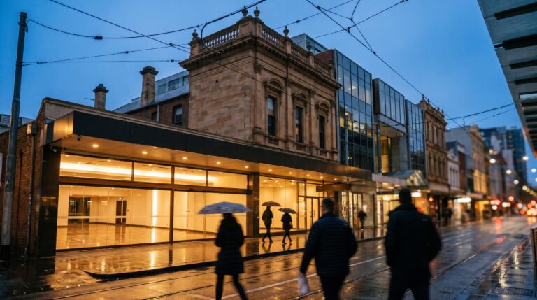 A glowing ground-floor venue frontage on an evening city street, the setting for a new VR venue franchise