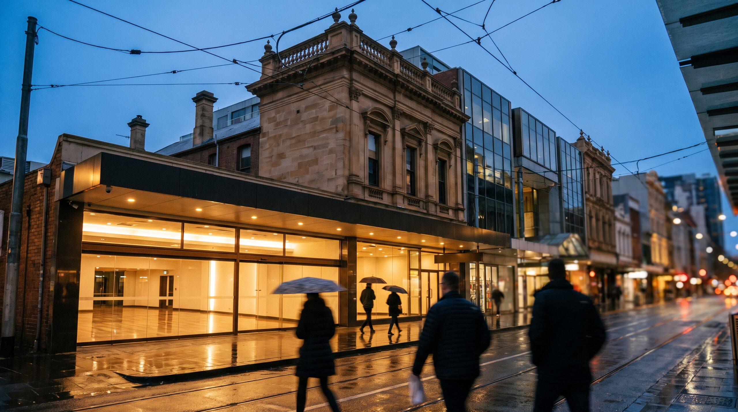 A glowing ground-floor venue frontage on an evening city street, the setting for a new VR venue franchise