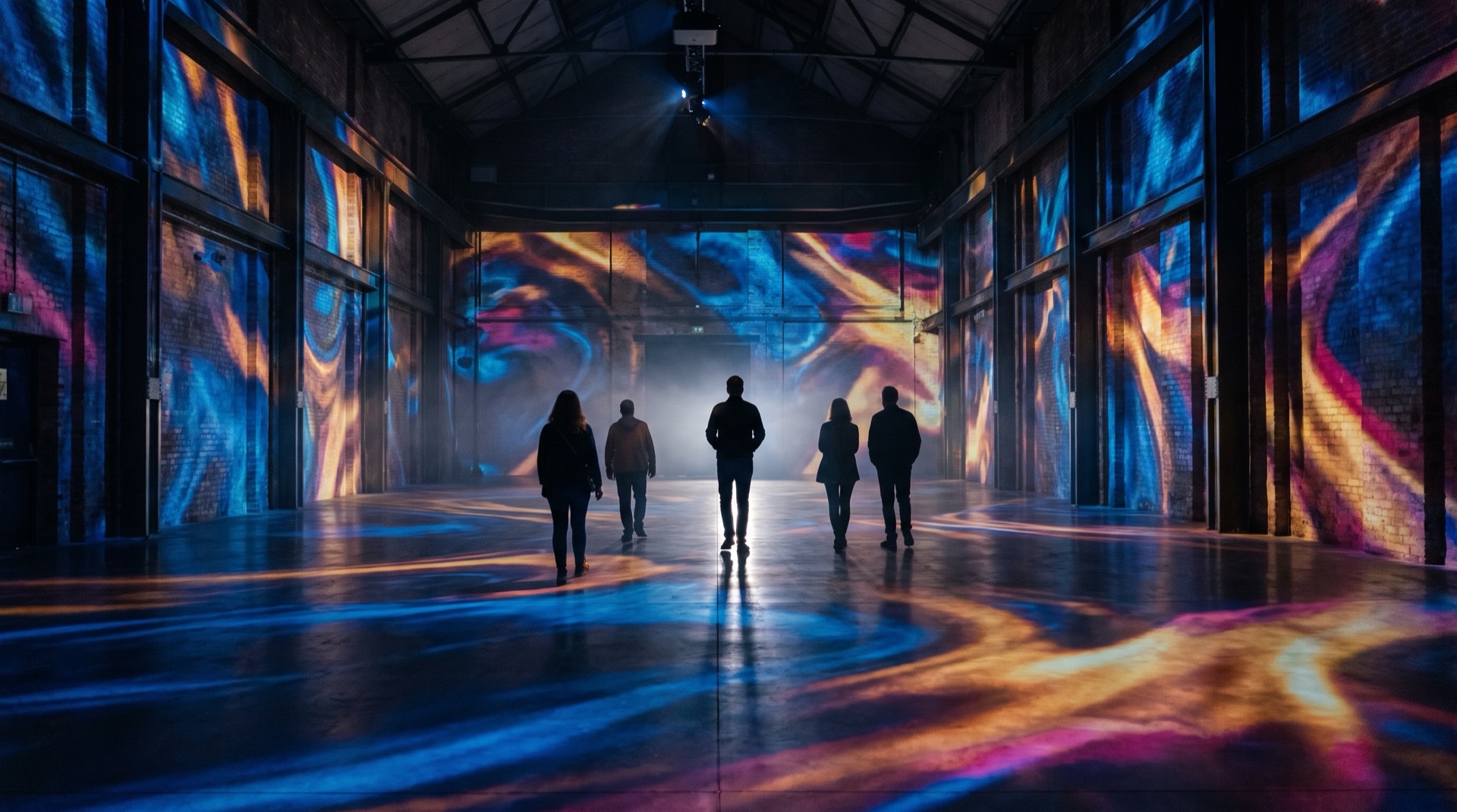 Visitors seen from behind in a dark gallery with abstract colours projected floor to ceiling, an AI-generated illustration of an immersive attraction