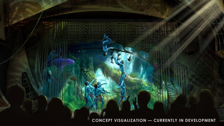 Preliminary concept rendering of the acrobatic finale of AVATAR: Guardians of Eywa, an immersive walkthrough experience: performers on a rainforest stage before a silhouetted audience. Rendering via Niagara Parks press materials.