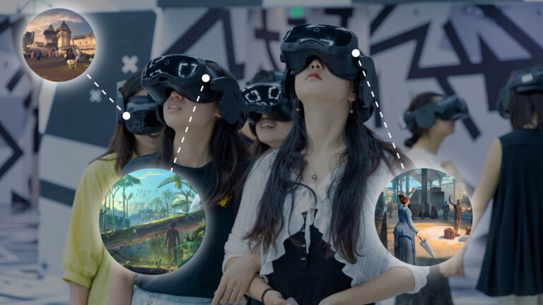 Visitors in VR headsets on an LBXR Pulse large-scale free-roam VR floor, with callouts to four Excurio experiences running in parallel. Image: Excurio / LBXR Pulse