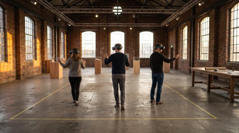 Visitors in VR headsets walk through a converted brick power station loft used for a touring VR art exhibition