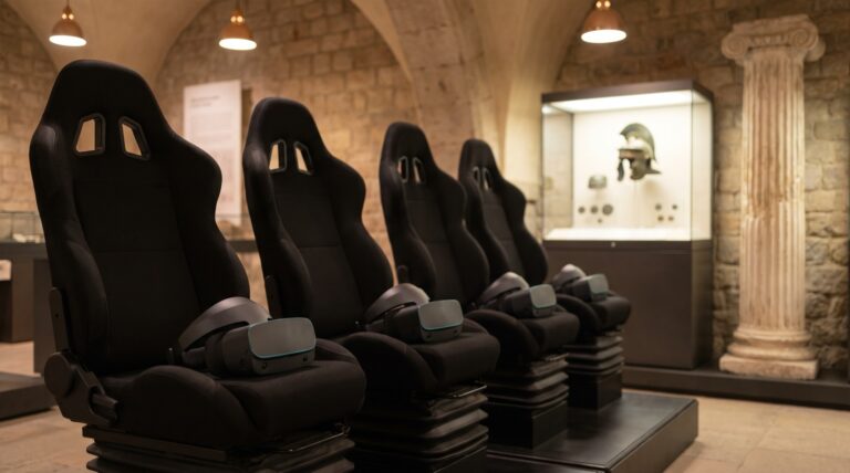 AI-generated illustration: four empty motion chairs with VR headsets beside a display of Roman artefacts in a stone-vaulted exhibition hall