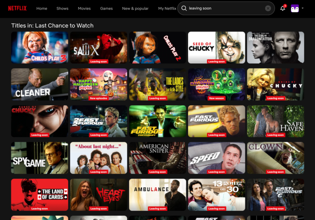A streaming service's Last Chance to Watch row, every title tagged Leaving soon