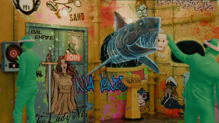 Rendering of the first room in Hololabs Studio's Atrium format: two guests in headsets inside a graffiti-covered themed set, with a holographic shark rendered over the physical walls. Image: Hololabs Studio