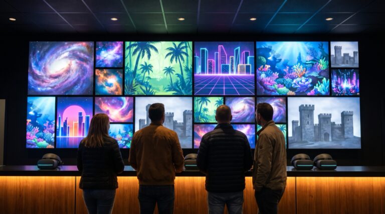AI-generated illustration: friends at a VR venue counter looking up at a wall of game artwork tiles