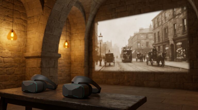 Two VR headsets on a wooden bench in a stone-vaulted museum gallery, in front of a sepia projection of an early twentieth-century city street
