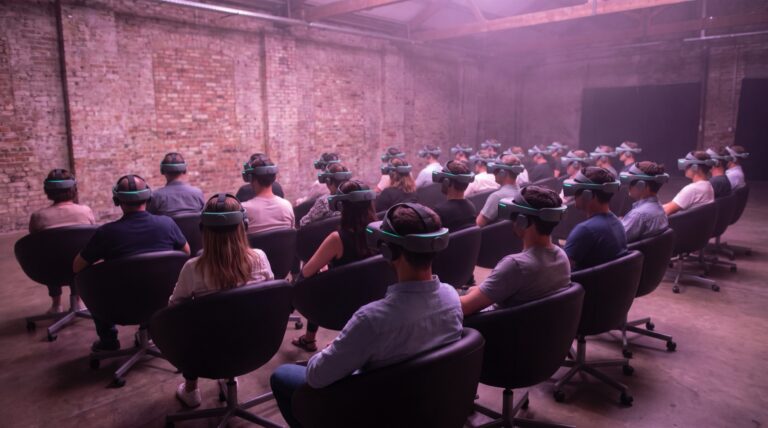An audience seated in rows of swivel chairs wears VR headsets in a dim brick-walled VR360 cinema lit in magenta